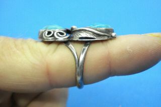 VINTAGE OLD PAWN STERLING SILVER DOUBLE TURQUOISE RING - - SIGNED - - SIZE 6.  5 3