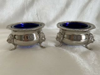 A Pair (2) Of Vintage Silver Salt Cellars With Cobalt Blue Glass Liner