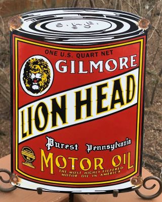 Vintage Gilmore Lion Head Motor Oil Can Porcelain Sign Gasoline Pump Plate
