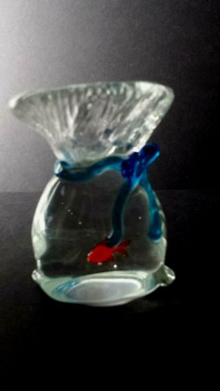 Vintage Murano Glass Fish In A Bag Aquarium Goldfish Blue Ribbon Paperweight