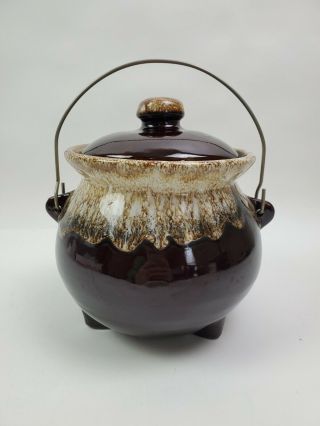 Vintage Brown Drip Glaze Footed Ceramic Cauldron Pot With Lid & Handle Usa Mccoy