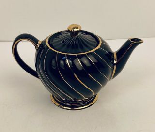 Vtg Sadler Black & Gold Swirl Teapot Made In England Gold Trim No Chips 4.  5 " Tall