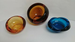 3 Vtg 60s Mcm Mod Atomic Space Age Viking Glass Epic Amber Bluenique Orb Ashtray