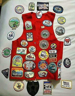 Vtg Boy/cub Scouts Of America Red Felt Vest With 40 Patches,  1999 - 2006