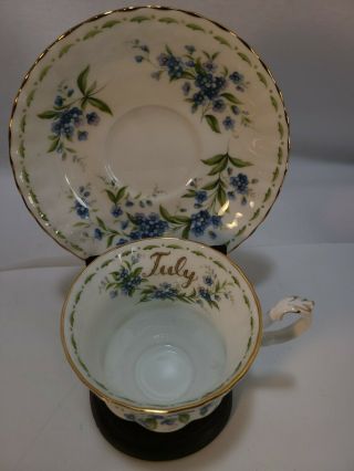 Vintage Royal Albert July Forget Me Not Flower Tea Cup & Saucer & Wooden Stand