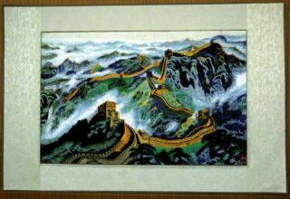 Vintage Chinese Asian Silk Embroidered Great Wall Landscape Art Feng Shui