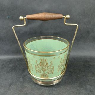 Vintage Glass Ice Bucket Barware Green Gold Metal Carrier Holder Mid Century