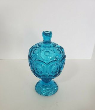 Vintage Le Smith Moon & Stars Covered Glass Footed Candy Dish Gorgeous Blue