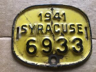 Prewar Vintage Rare 1941 Syracuse,  Ny Bicycle License Plate Elgin,  Schwinn