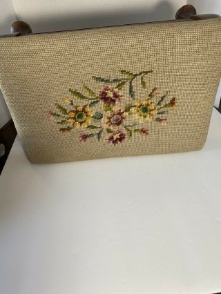Vintage Needlepoint Ottoman Hassock Foot Stool Queen Anne Floral
