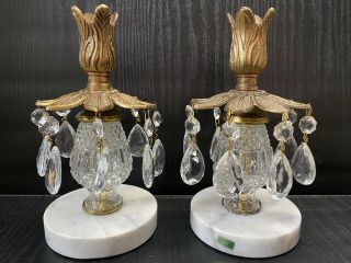 Vintage Set Of 2 Brass And Fine Marble Candle Holders - Made In Italy - Crystal
