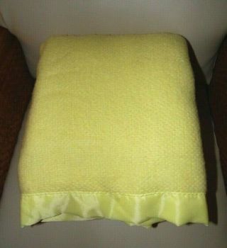 Vtg Faribo Washable Blanket 70x86 Waffle Weave Yellow Satin Trim Faribault Usa