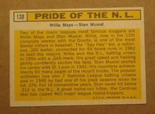 VINTAGE 1963 TOPPS BASEBALL WILLIE MAYS & STAN MUSIAL CARD 138 NO CREASES 2