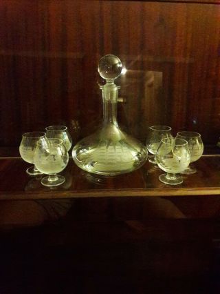 Vintage Toscany Etched Glass Clipper Ship Brandy Decanter & 6 Snifters
