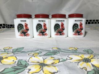 Vintage Tipp City Milk Glass Spice Shakers With Rooster - Set Of 4 Assorted
