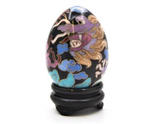 Vintage Cloisonne Egg With Wood Stand.  Hand Painted Enamel With Dragon