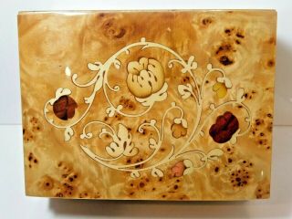 Vintage Hand Made Inlaid Wood Trinket Music Jewelry Box Red Roses Flowers Italy