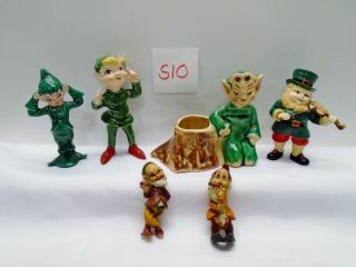 6 Vintage Kreiss Green Elf Pixie Figurines Leprechauns Planter S10
