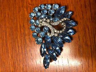 Vtg Large Aqua Blue And Clear Rhinestones Pin/brooch Unsigned Pin Silver Tone