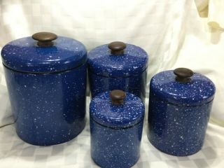 Vintage Set Of 4 Ransburg Metal Nesting Canisters Speckled Blue Mid Century,  B3