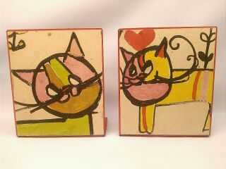 Mcm Vintage Metal Art Bookends W/ Adorable Cat " Drawings " 5 " X 4 " Kitsch Novelty