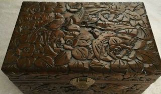 Vintage Carved Wooden Jewelry Box - Birds And Flowers - 11 2/4 " X 7 1/2
