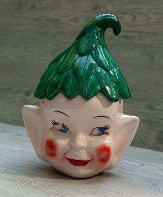 Vintage 50s 60s Elf Pixie Head Ceramic Cookie Storage Jar With Green Leafy Hat