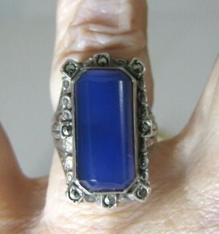 Vintage Art Deco Sterling Silver Marcasite Blue Stone Ring Ornate Scroll Weave 6