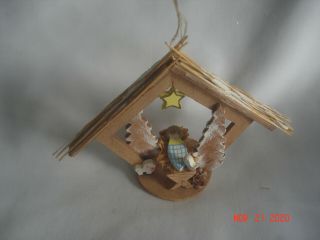 Vtg.  Emgee Hawaii Wood Nativity Scene Christmas Ornament W/ Thatched Roof