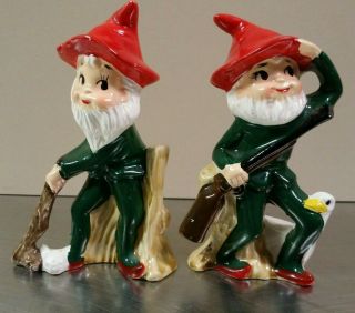 2 Vintage Criterion Japan Porcelain Pixie Elf Dwarf Figurines,  Green W/ Red Hats