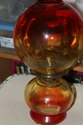 Vtg Antique Mantle Glass Amberina Red Yellow Hurricane Lantern Lamp With Shade