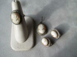 Great Vintage 800 Silver Cameo Set - Pendant,  Ring,  Earrings