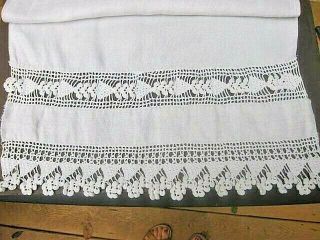 Early Antique Vtg Flax Linen Table Runner Scarf With Irish Crochet French Estate
