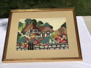 Vintage 1927 Framed Longstitch Crewel Picture Trees House Garden 19 X 16 Inch