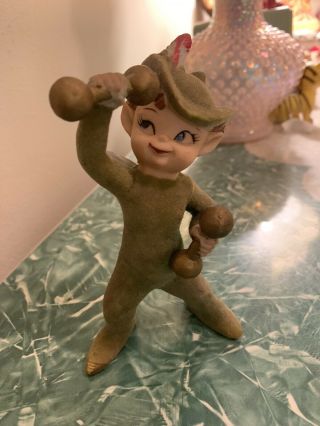 Vintage Flocked Ceramic Elf Peter Pan Fairy Pixie Pat Pending With Dumbells