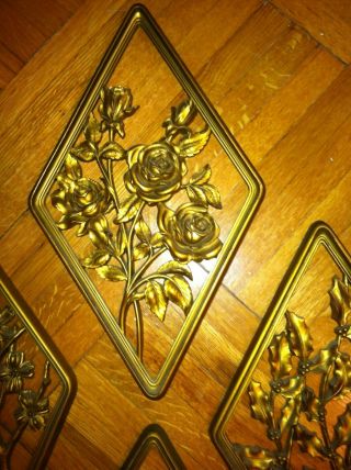 Vtg SYROCO Golden Diamond Shape 4 Seasons Floral Wall Plaques Retro Set Of 4 USA 3