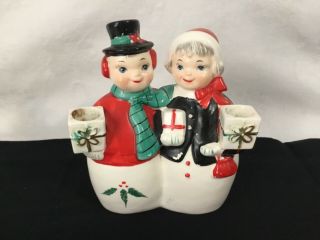 Vintage Christmas Snow Man Lady Couple Candle Holder Japan Ceramic Ucagco Htf