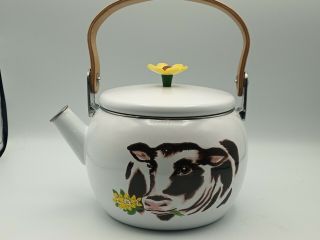 Vtg 1995 Copco Cozy T Cow White Enamel Tea Kettle Pot Wood Handle Enamelware 2qt