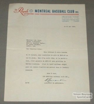 1940 Montreal Baseball Signed Letter By T.  Normandin