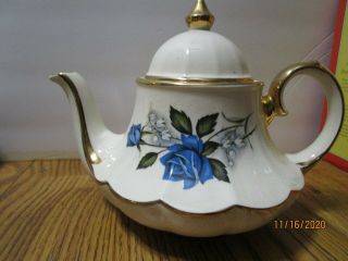 Sadler Vintage Teapot Bone China England Blue Rosebuds W/gold Trim