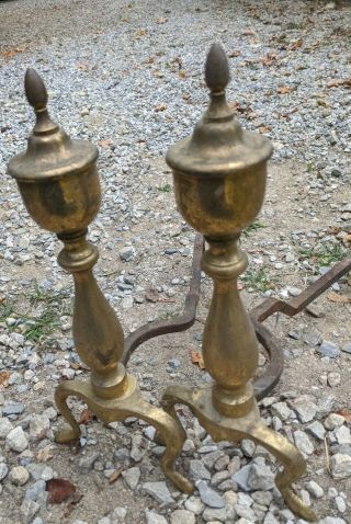 Vintage Brass Cast Iron Andiron Art Deco Nouveau Mcm Pair Set Fireplace Tool Old