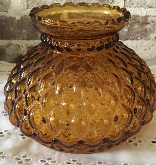 Vintage Amber Diamond Quilted Glass Hurricane Lamp Shade With Ruffled Top Edge