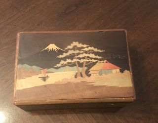 Vintage Old Japanese Wood Puzzle Box Japan Home Country Scene & Boats