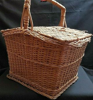 Vintage Large Woven Wicker Picnic Basket With Double Hinged Lid Single Handle