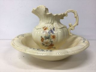 Vintage Ceramic Water Jug And Wash Bowl Set.  Cream With A Floral Decoration 403
