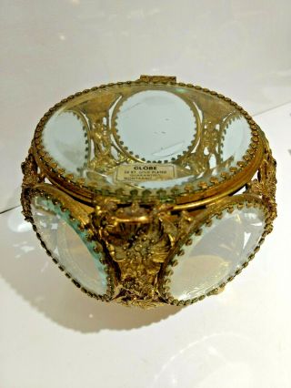 Vintage 24k Gold Plated Ormolu Beveled Glass Globe Jewelry Box Casket