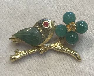 Vintage Swoboda Signed Jade Bird Flower Brooch Pin Gold Tone 1 3/8” Lovely