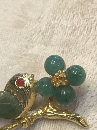 Vintage SWOBODA Signed Jade Bird Flower Brooch Pin Gold Tone 1 3/8” Lovely 2