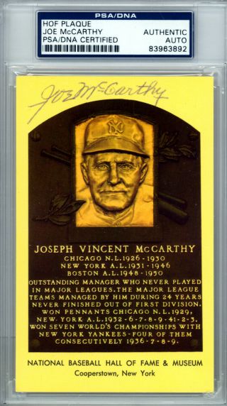 Joe Mccarthy Authentic Autographed Signed Hof Plaque Postcard Psa/dna 83963892