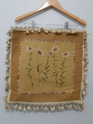 Vintage Floral Tapestry Pillow Cover 18 " Tassel Fringe Velvet Daisies Yellow Tan